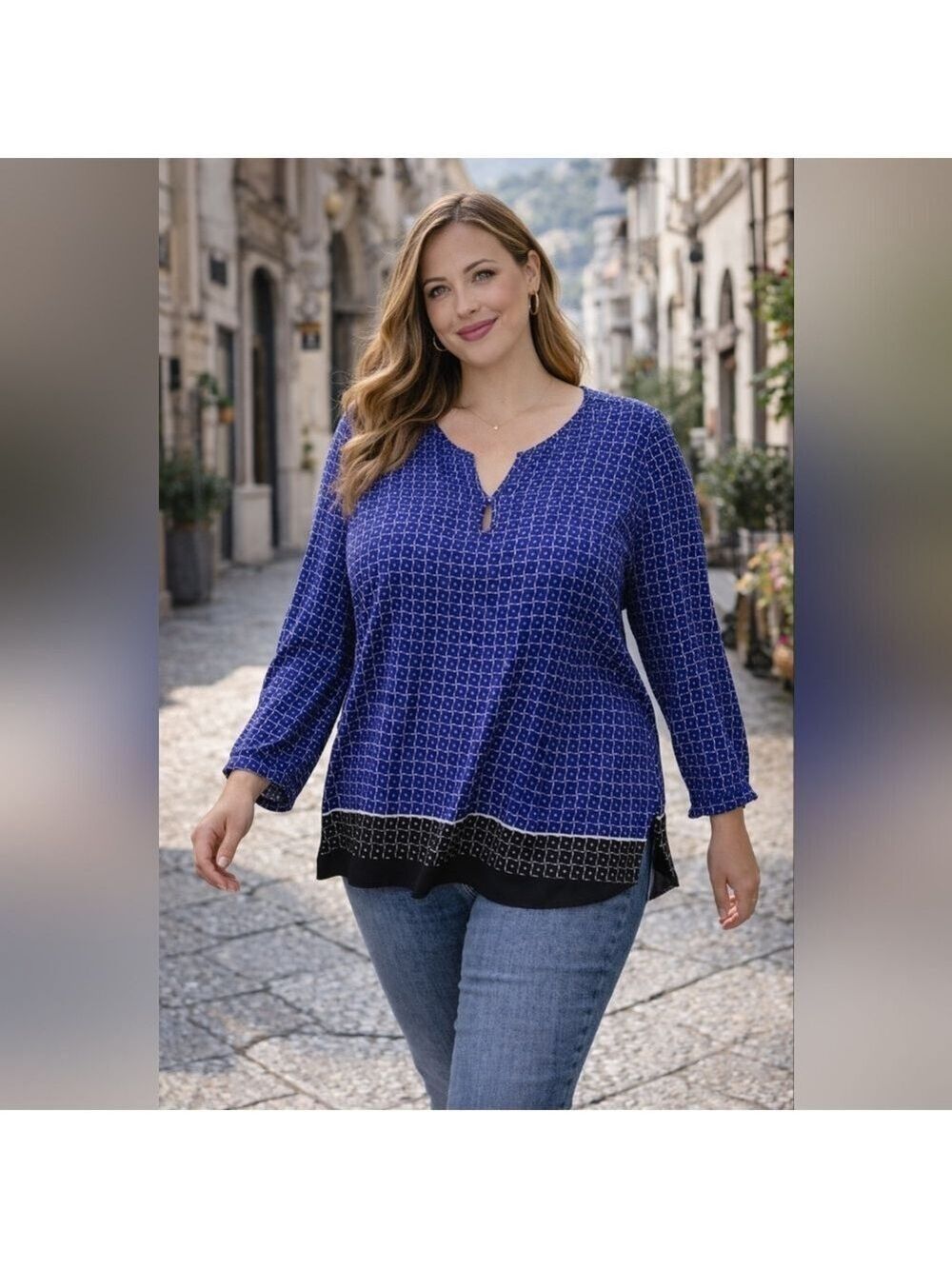 Blue Geometric Blouse Plus Size Liz Claiborne Casual Chic Travel Top